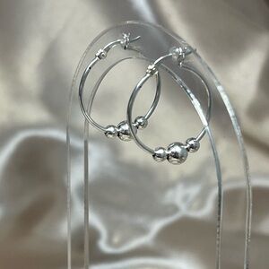 Sterling Silver Three 3 Ball Bead Hoop Earrings Classic Everyday Hoops